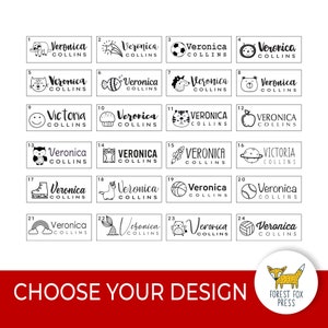 Peut inclure: Une feuille de 24 motifs de tampons noirs et blancs avec diverses illustrations, notamment des animaux, des sports et d'autres motifs amusants. Chaque motif de tampon comprend le nom "Veronica" ou "Victoria" et le nom de famille "Collins".