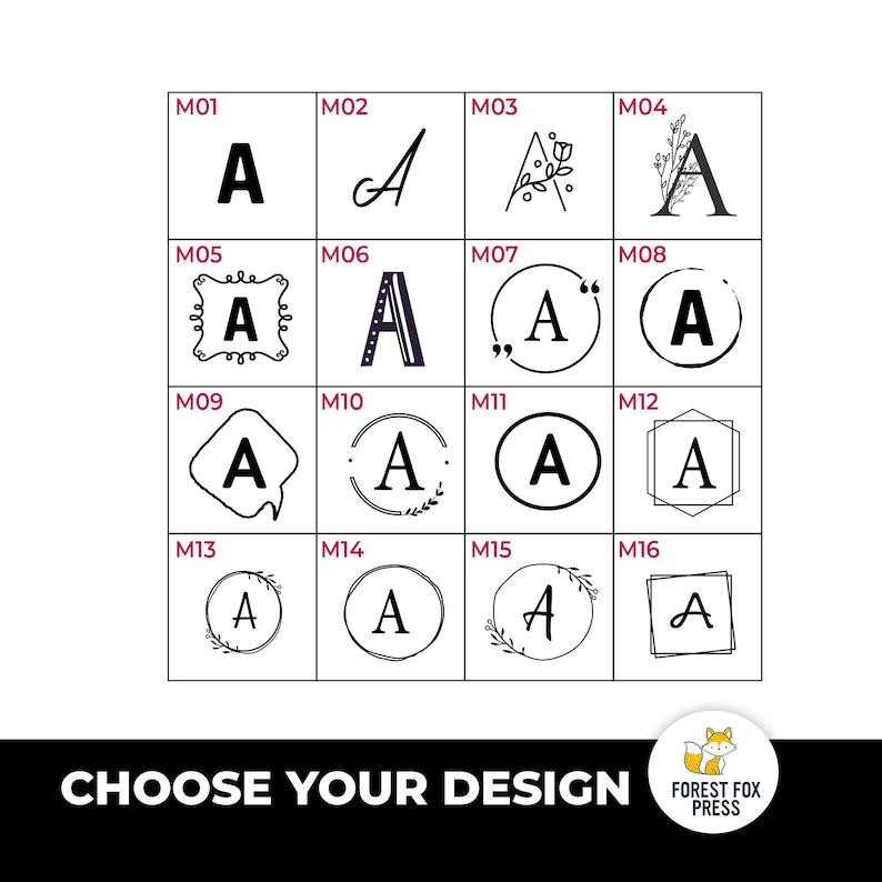 Pode incluir: Uma grelha de 16 designs de monogramas diferentes que apresentam a letra A em v&aacute;rios estilos. Os designs incluem uma A simples, uma A de escrita, uma A com acentos florais, uma A com um bal&atilde;o de fala e uma A com uma moldura. Os designs s&atilde;o etiquetados com os n&uacute;meros M01 a M16.