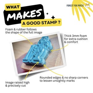 Peut inclure: Gros plan d'un tampon en caoutchouc bleu avec un motif d&eacute;taill&eacute;. Le tampon est mont&eacute; sur un bloc de bois aux bords arrondis. Le texte "What Makes A Good Stamp?" est visible en haut de l'image.