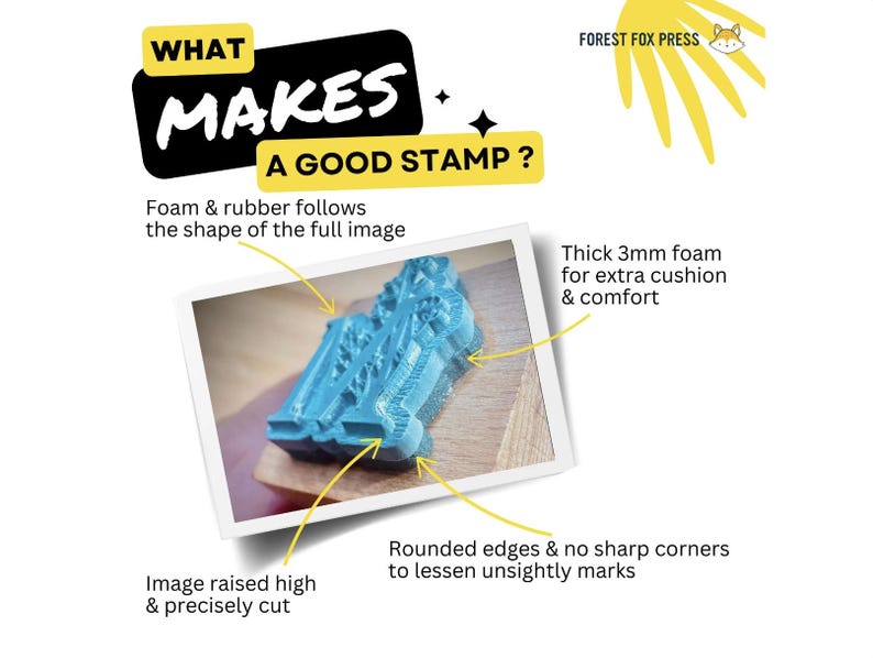 Peut inclure: Gros plan d'un tampon en caoutchouc bleu avec un motif d&eacute;taill&eacute;. Le tampon est mont&eacute; sur un bloc de bois aux bords arrondis. Le texte "What Makes A Good Stamp?" est visible en haut de l'image.