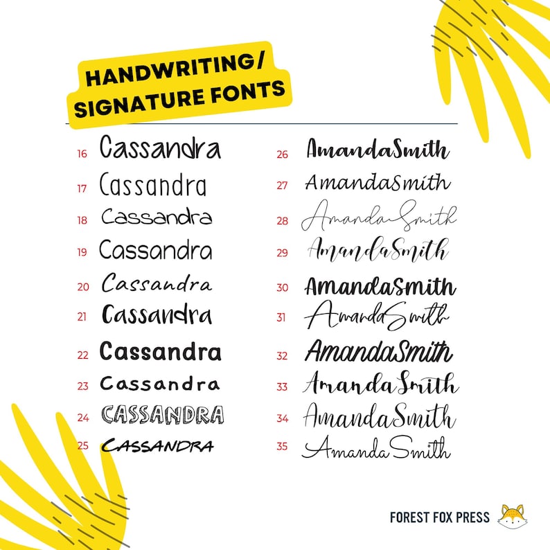 May include: A collection of 20 different handwriting fonts for the name Cassandra and 10 different handwriting fonts for the name Amanda Smith. The fonts are numbered 16 through 35.