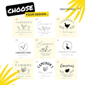 May include: Nine different designs for egg labels featuring various farm animals, including chickens, ducks, and turkeys. The labels are all white with black text and illustrations. The text includes the words "Cameron's", "fresh", "eggs", and "farm".