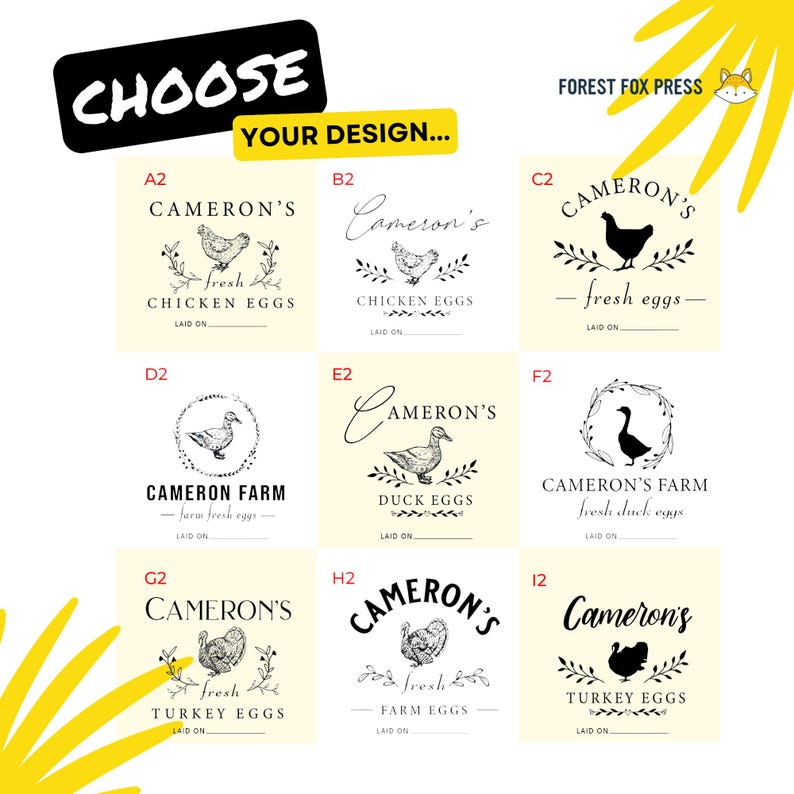 May include: Nine different designs for egg labels featuring various farm animals, including chickens, ducks, and turkeys. The labels are all white with black text and illustrations. The text includes the words "Cameron's", "fresh", "eggs", and "farm".