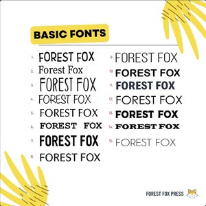 Peut inclure: Un fond blanc avec le texte "BASIC FONTS" en jaune. Quinze styles de police diff&eacute;rents sont affich&eacute;s avec le texte "FOREST FOX" dans chaque style. Le texte "FOREST FOX PRESS" est en bas de l'image.