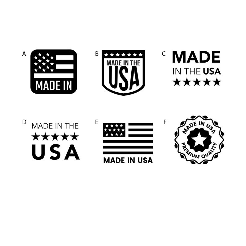 Pu&ograve; includere: Sei diversi design grafici in bianco e nero con il testo "Made in the USA" e stelle.