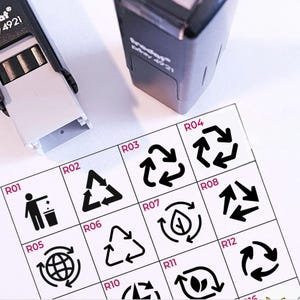 Puede incluir: Una hoja de papel blanca con una cuadrícula de 12 cuadrados. Cada cuadrado contiene un símbolo en blanco y negro, como un símbolo de reciclaje, una hoja o una flecha. Los cuadrados están etiquetados con las letras R01 a R12.