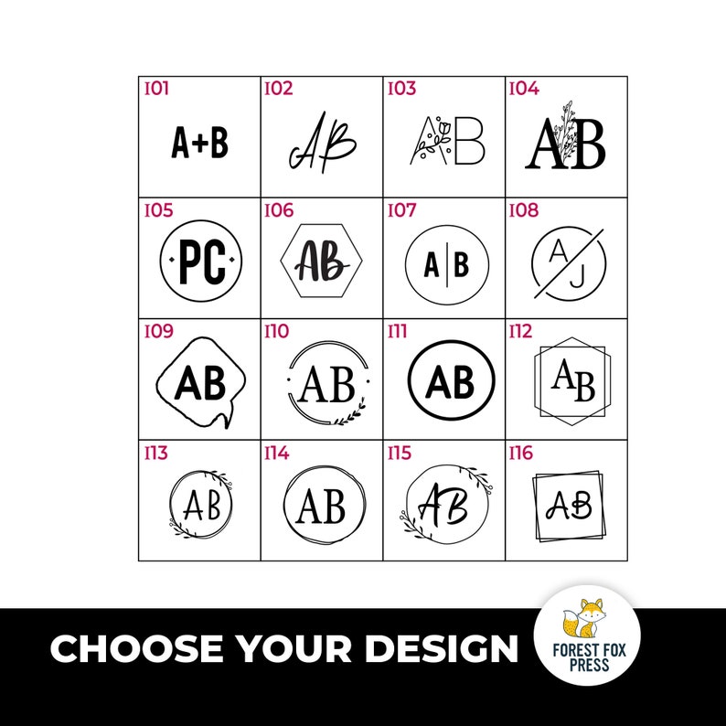 Pode incluir: Uma grelha de 16 designs de monogramas diferentes, numerados de 101 a 116. Cada design apresenta uma combina&ccedil;&atilde;o de letras, s&iacute;mbolos e elementos florais. O texto "CHOOSE YOUR DESIGN" aparece abaixo da grelha, e o texto "FOREST FOX PRESS" aparece abaixo desse.
