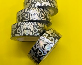 Full Washi Tape Roll - Silver Pattern on Black