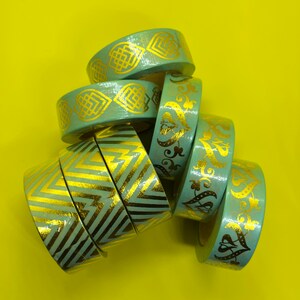 Rouleau de ruban adhésif Washi complet - Divers dorés à la feuille d'or sur menthe
