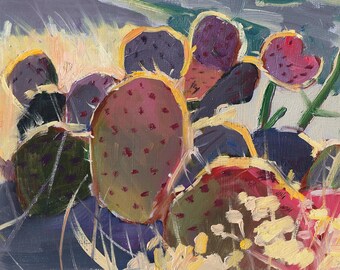 Sunset Cactuses - New Mexico Landscape - Canvas Print of Impressionist Painting