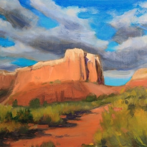 May include: A painting of a red rock formation with a blue sky and white clouds. The rock formation is in the foreground and the sky is in the background. The painting is done in a realistic style.