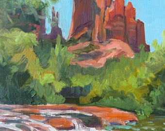 Dipinto originale ad olio 9x12 raffigurante la Cattedrale di Sedona, paesaggio en plein air, roccia rossa di Oak Creek, Arizona, arte murale del sud-ovest, con opzione di cornice.