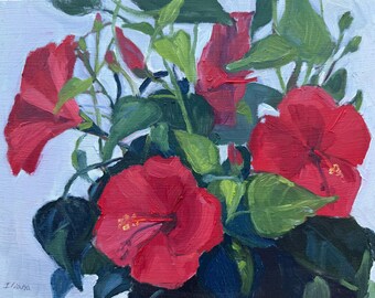 Red Hibiscus Original Oil Painting, Framed Floral Still Life, 8x10