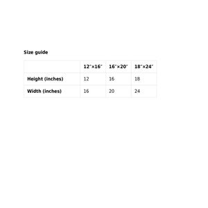 May include: Size guide for a product with three different sizes: 12 inches by 16 inches, 16 inches by 20 inches, and 18 inches by 24 inches. The table shows the height and width of each size in inches.