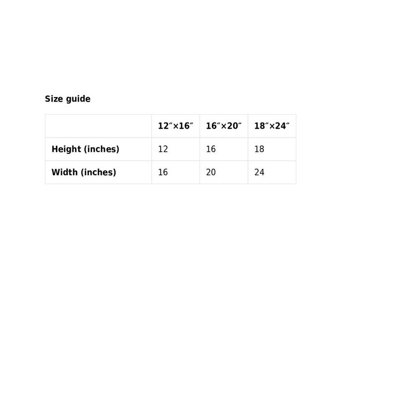 May include: Size guide for a product with three different sizes: 12 inches by 16 inches, 16 inches by 20 inches, and 18 inches by 24 inches. The table shows the height and width of each size in inches.