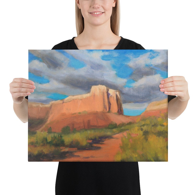May include: A painting of a red rock formation with a blue sky and white clouds. The rock formation is in the foreground and the sky is in the background. The painting is done in a realistic style.