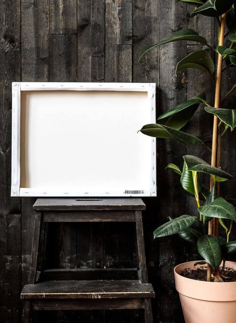May include: A white canvas stretched over a wooden frame sits on a dark wooden stool. A potted plant with large green leaves is in the background.