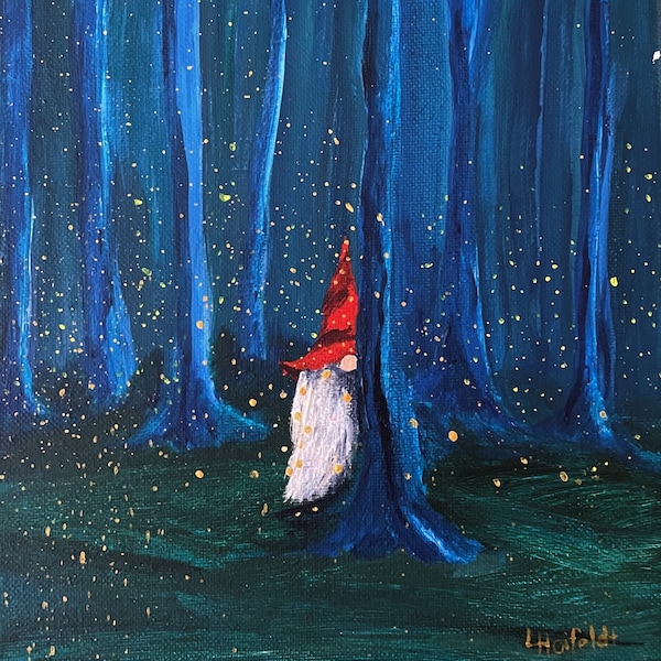 Gnome summer firefly art, tomte gnome lover's gift, nursery art