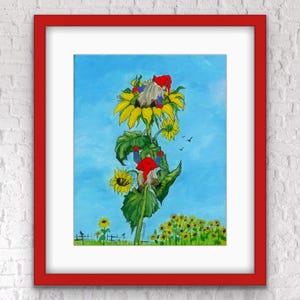 Gnome and Sunflower Art Print | Whimsical Blue Wall Art | 8x10 or 5x7 Reproduction of Original Painting | Gift for Gardener or Flower Lover