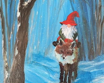 Gnomo y Zorro, Nisse, Tomte Snowy Forest 8x10 Impresión de Arte Original