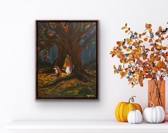 May include: A painting of a gnome and a fox sitting under a large tree in a forest. The gnome is wearing a red hat and the fox is brown and white. The background is a dark forest with leaves on the ground.