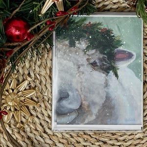 Weihnachtsfeiertags-Schaf-Karte mit immergrüner Girlande, leere Karte, Winter-Tierkunst, niedliche Schaf-Grußkarte