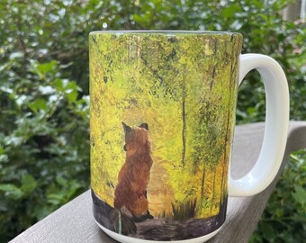 Fox in Spring Forest coffee mug, 15 ounce Yellow Forest Fox Cup, Fox Lover Gift, Housewarming Present