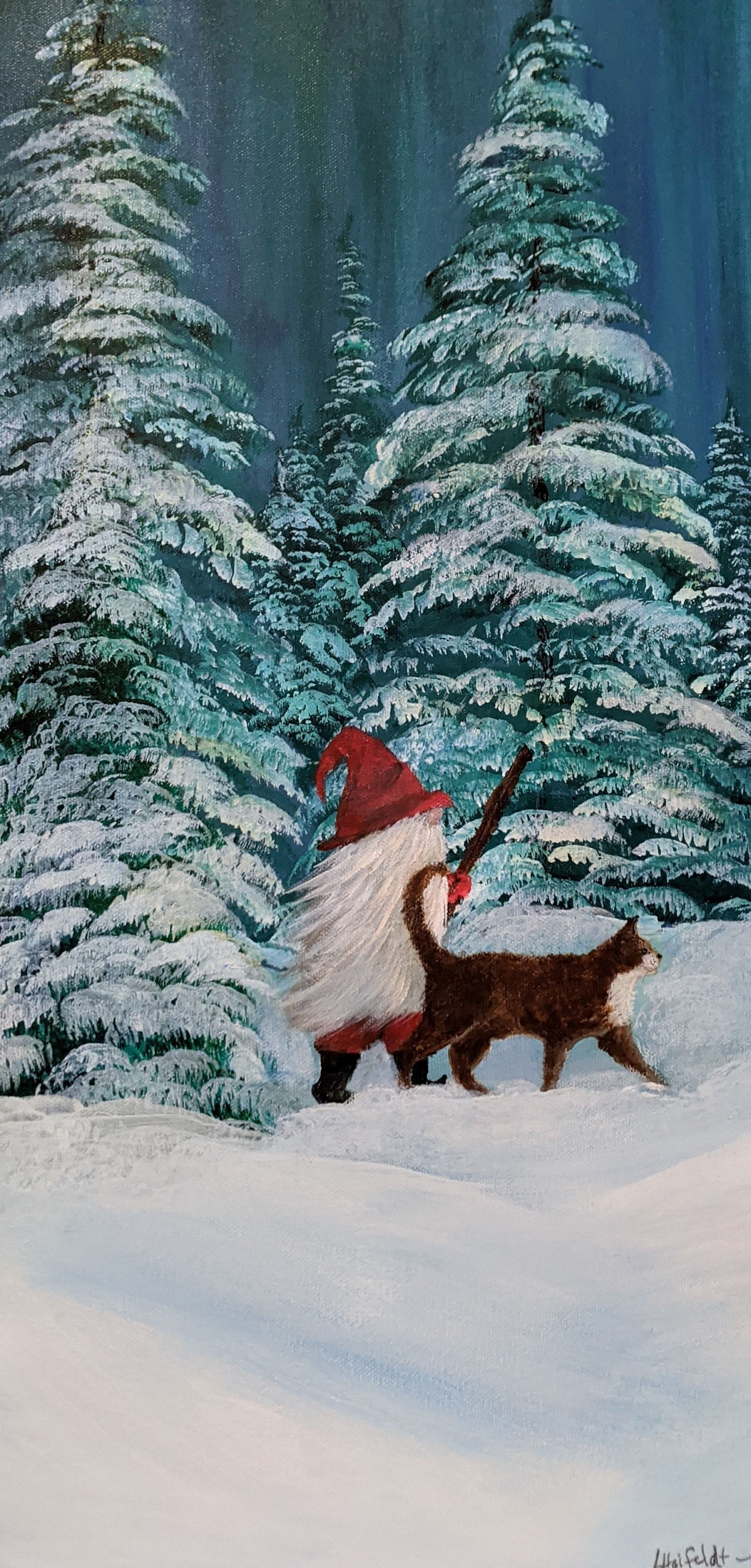 Download Christmas Gnome And Cat In The Forest Acrylic On Canvas Etsy