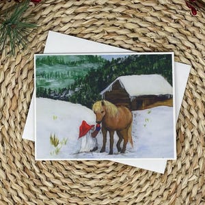 Biglietto di auguri natalizi Anders lo gnomo, gnomo con pony dei fiordi, biglietto di auguri natalizio con scena invernale scandinava