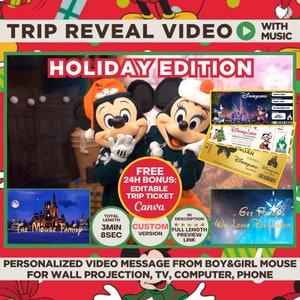 Personalized Surprise Trip Reveal Video Message Movie Mouse Christmas Holiday Santa Magical World Land Theme Park Florida California Paris