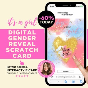 Cartolina da grattare digitale per RAGAZZA, idee per rivelare il genere, uniche per la famiglia, giochi per rivelare il genere per un collega, tramite posta tramite e-mail, invito, baby shower