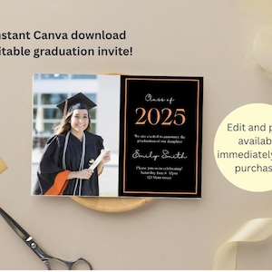 Editable Graduation Invitation Template 2025 | Black & Orange Grad Party Invite | Photo Graduation Announcement | Instant Canva Download