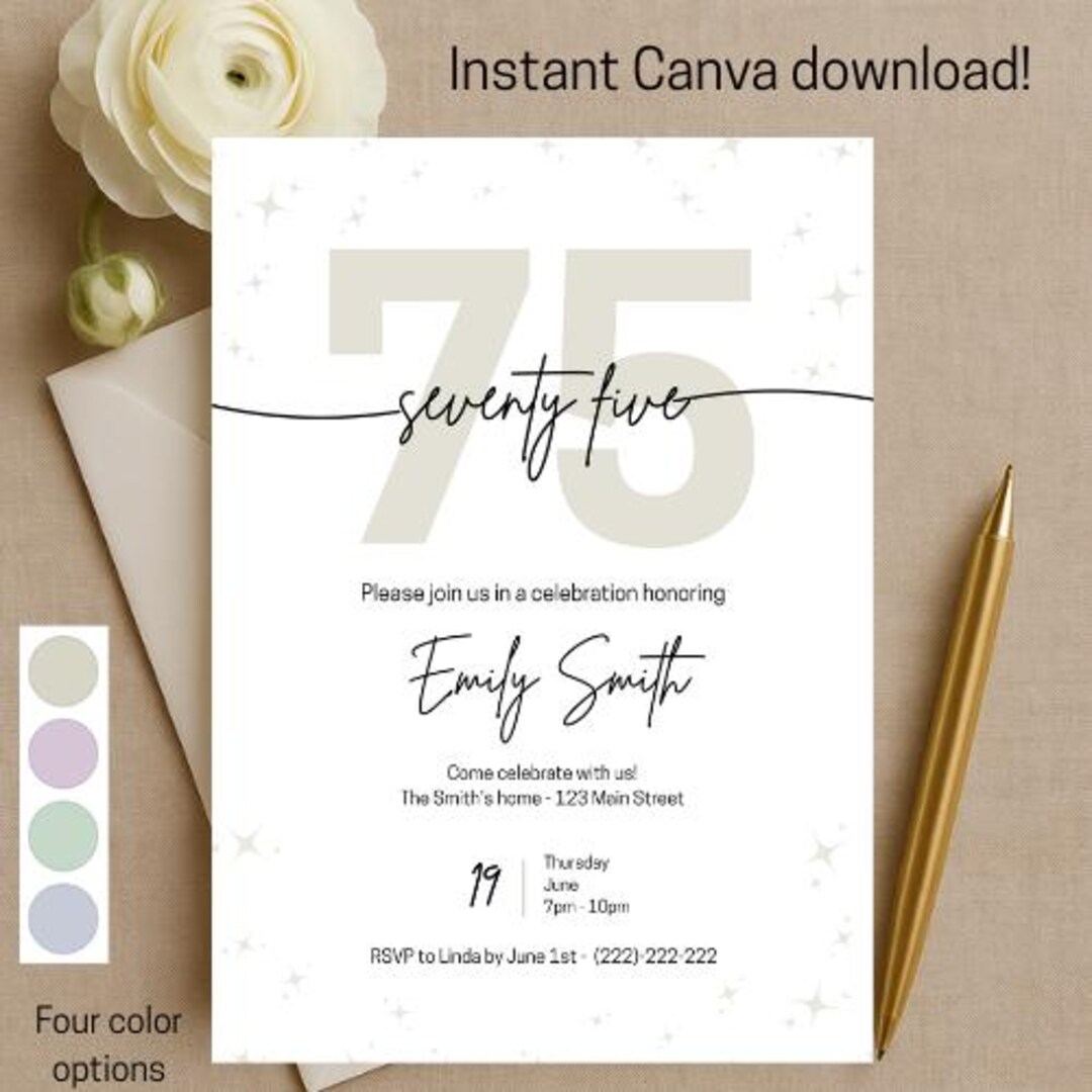 Elegant Script 75th Birthday Invitation Template | Instant Canva ...