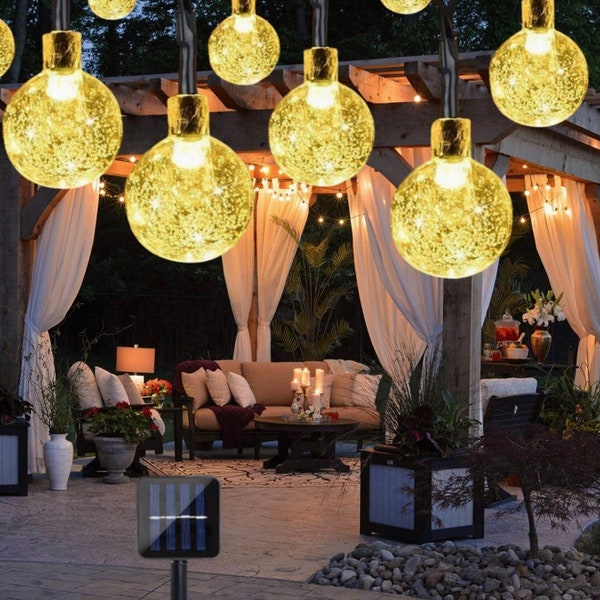 Solar Power 50 LED Bulb String Lights Garden Outdoor Fairy Warm White