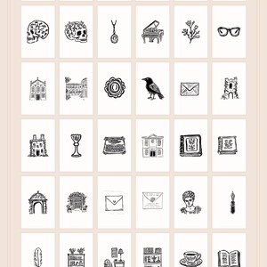 Hand Drawn Dark Academia Doodle Bundle, Library Line Art Illustrations (SVG & PNG Download) image 2