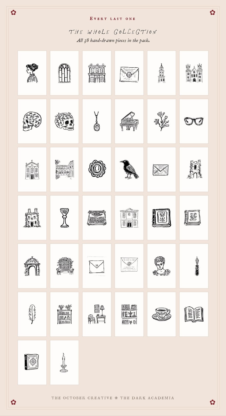 Hand Drawn Dark Academia Doodle Bundle, Library Line Art Illustrations (SVG & PNG Download) image 2