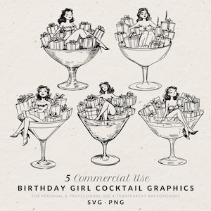 Hand Drawn Woman in Martini Glass Illustration SVG PNG, Whimsical Birthday Girl Cocktail Doodle, Christmas Holiday Party Invitation Style