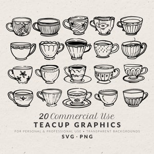 Dessiné à la main porcelaine tasse à thé Illustration Bundle SVG PNG, vintage porcelaine fine doodles, icônes de mariage, clipart pour Invitation nuptiale de douche