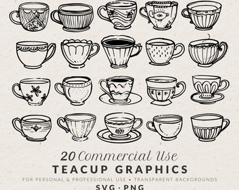 Hand Drawn Teacup Illustrations, Whimsical Quirky Doodle Line Art Bundle (SVG & PNG Clipart)