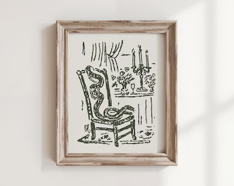 Snake on a Chair Art Print, Whimsical Witchy Wall Art, Hand Drawn Vintage Illustration, Eclectic Decor