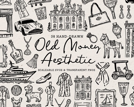 Old Money Preppy Aesthetic Clipart, Hand Drawn Vintage Luxury Doodle Illustration Bundle, Whimsical High Society Icons, SVG PNG Line Art