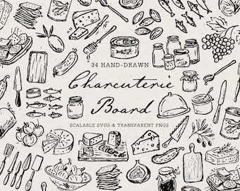May include: A collection of 34 hand-drawn black and white illustrations featuring charcuterie board elements like cheese, crackers, fruits, jars, and serving utensils. The central text reads 34 HAND-DRAWN Charcuterie Board SCALABLE SVGS & TRANSPARENT PNGS.