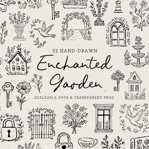 Hand Drawn Enchanted Garden Doodle Bundle, Floral Line Art Illustrations (SVG & PNG Download)
