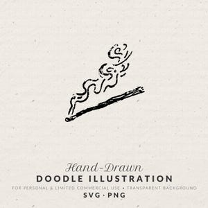 May include: A black hand-drawn doodle illustration of a lit incense stick with swirling smoke rising from the tip. The text below reads: Hand-Drawn DOODLE ILLUSTRATION FOR PERSONAL & LIMITED COMMERCIAL USE • TRANSPARENT BACKGROUND SVG • PNG