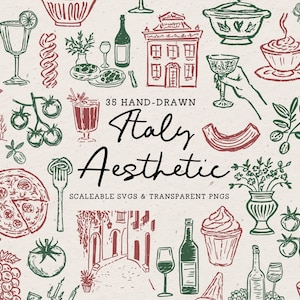 Pacchetto Clipart Italia, scarabocchi toscani disegnati a mano, illustrazione di invito al cibo italiano, icone di nozze, pasta, vino, pizza, SVG PNG