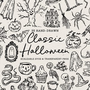 Classic Halloween Clipart Bundle, Hand Drawn Spooky Doodles, Ghost Pumpkin Bat Skeleton Icons, Haunted Vintage Party Illustrations, SVG PNG