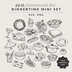 Conjunto de ilustrações de comida e bebida para jantar sofisticado desenhado à mão SVG PNG, rabiscos vintage, ícones de casamento, clipart de esboço para convite de festa