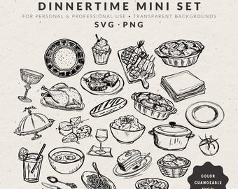 Paquete de ilustraciones de comida y bebida para cenas elegantes dibujadas a mano en SVG y PNG, garabatos vintage, íconos de boda, imágenes prediseñadas de bocetos para invitaciones a fiestas