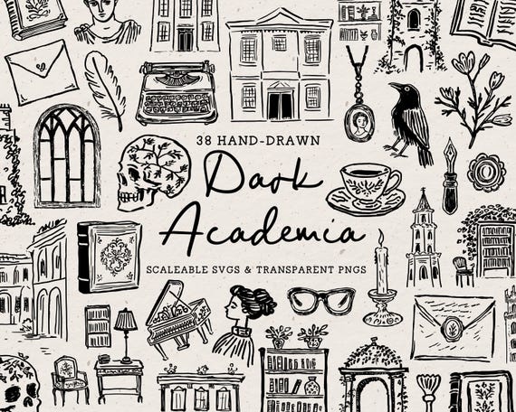 Dark Academia Aesthetic Clipart, Hand Drawn Doodle Illustration Bundle, Whimsical Vintage Moody Icons, SVG PNG Art, Victorian Goth Bookworm