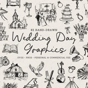 Pacote de ilustração clássica desenhada à mão para o dia do casamento SVG PNG, ícones para festa de recepção, clipart de rabiscos de noivado e casamento, ícones em preto e branco